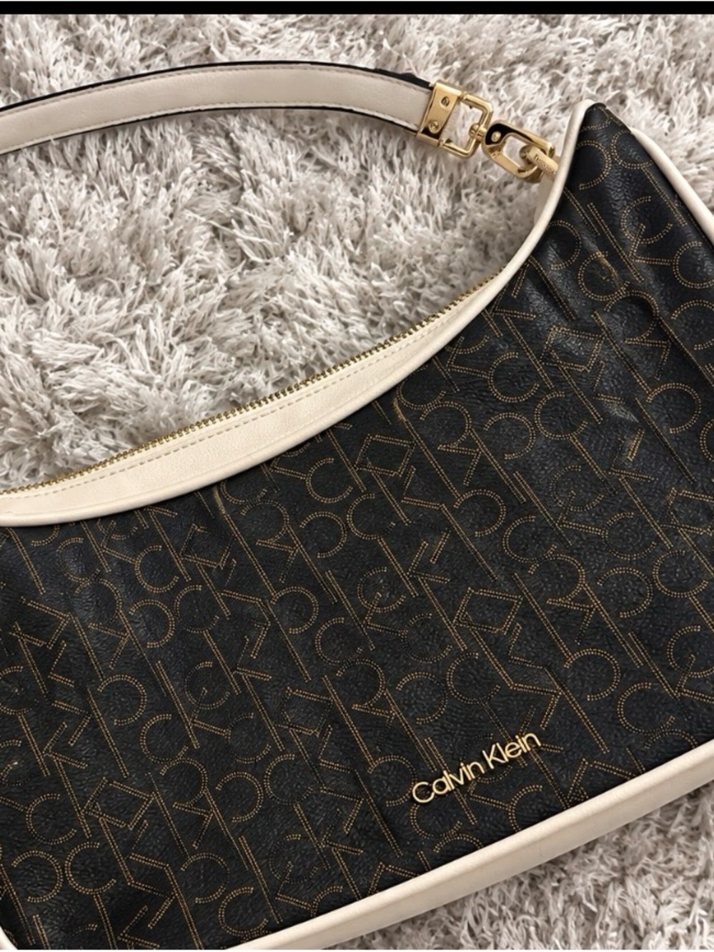 Calvin Klein Black Monogram Hobo with Cream Trim